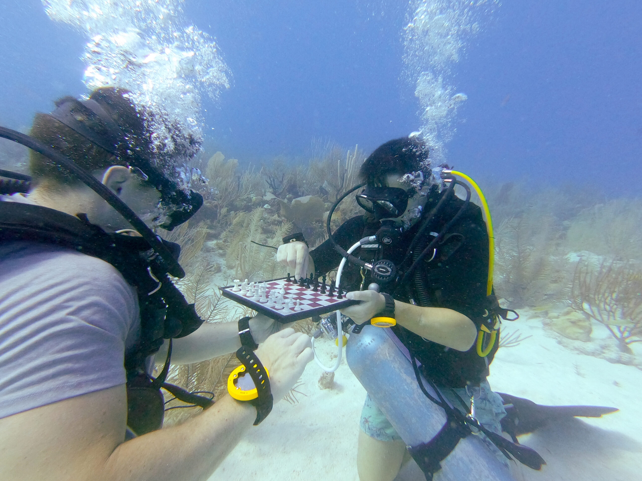 Two people playing chess underwater on the seabed