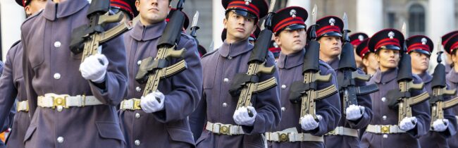 A few Reservists during the Lord Mayor's Show holding their rifles and saluting the Lord Mayor