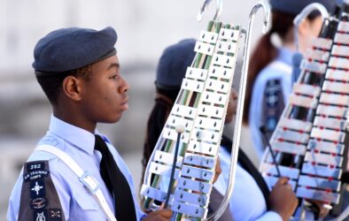 Royal Air Force Cadet playing an instrument at the Lord Mayor's Show 2022