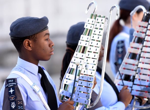 Royal Air Force Cadet playing an instrument at the Lord Mayor's Show 2022